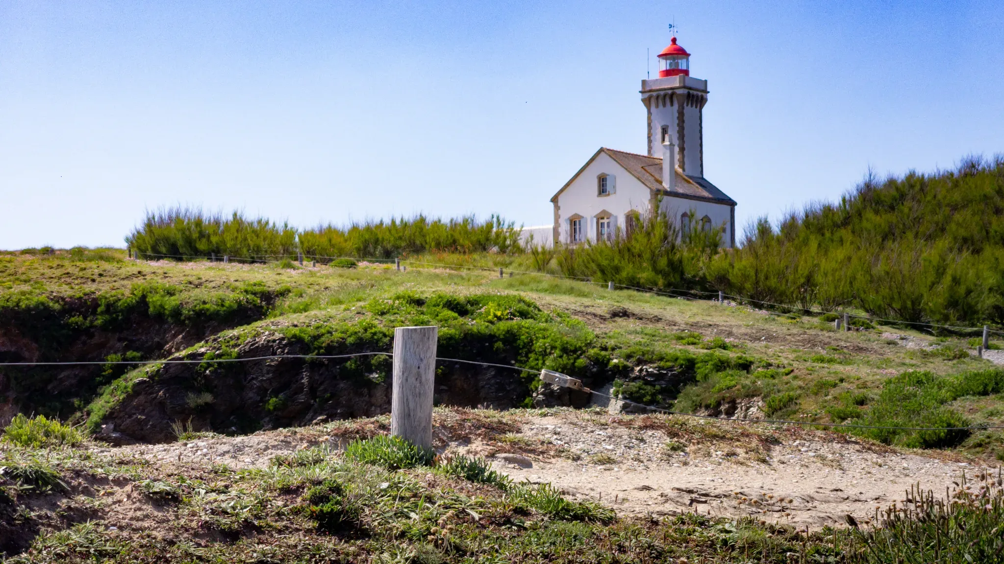 Phare blanc à lanterne rouge entouré de végétation sur la côte de Belle-Île-en-Mer.