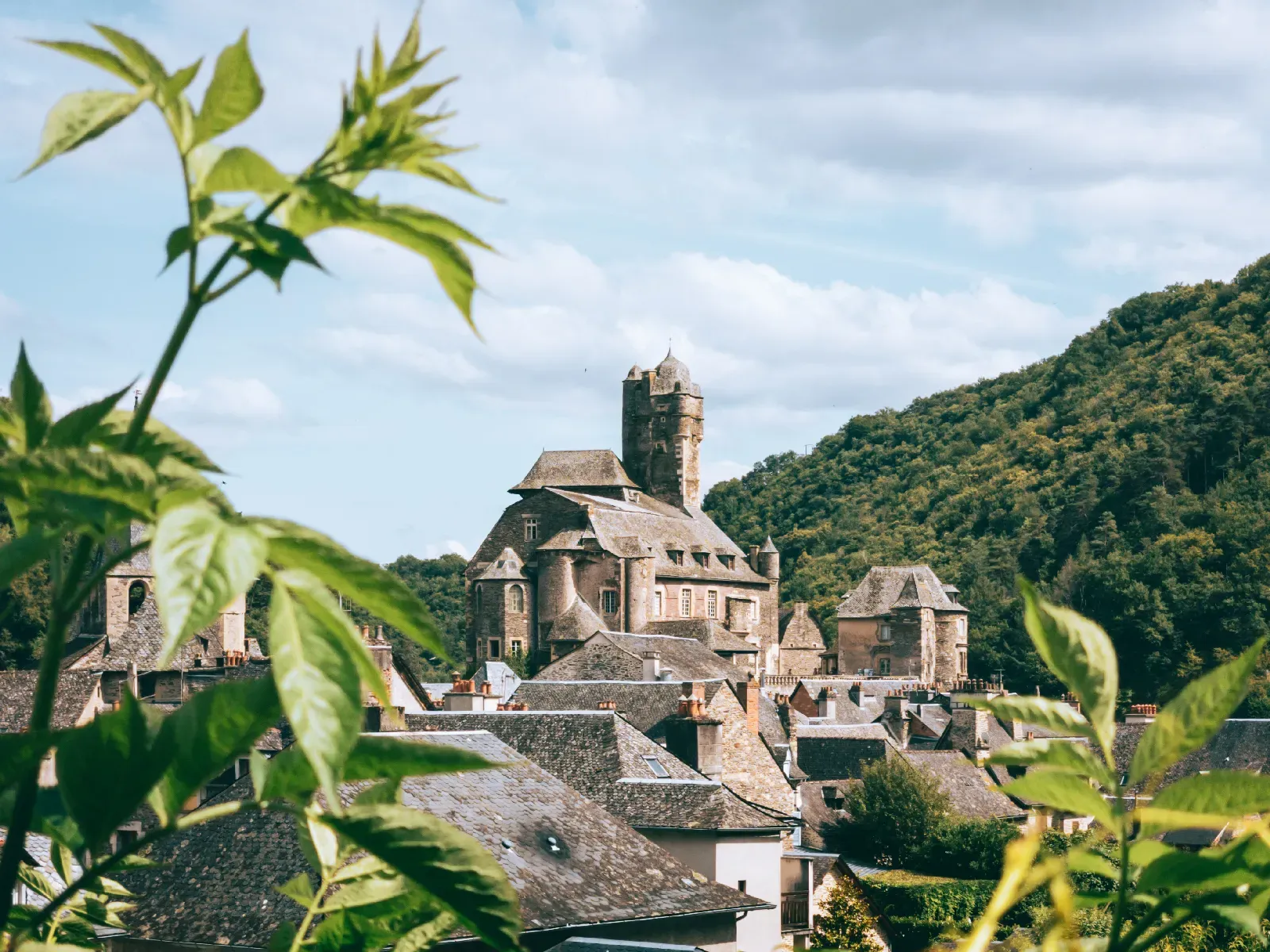 Vue sur le château d’Estaing dominant les toits du village, entouré de collines boisées.