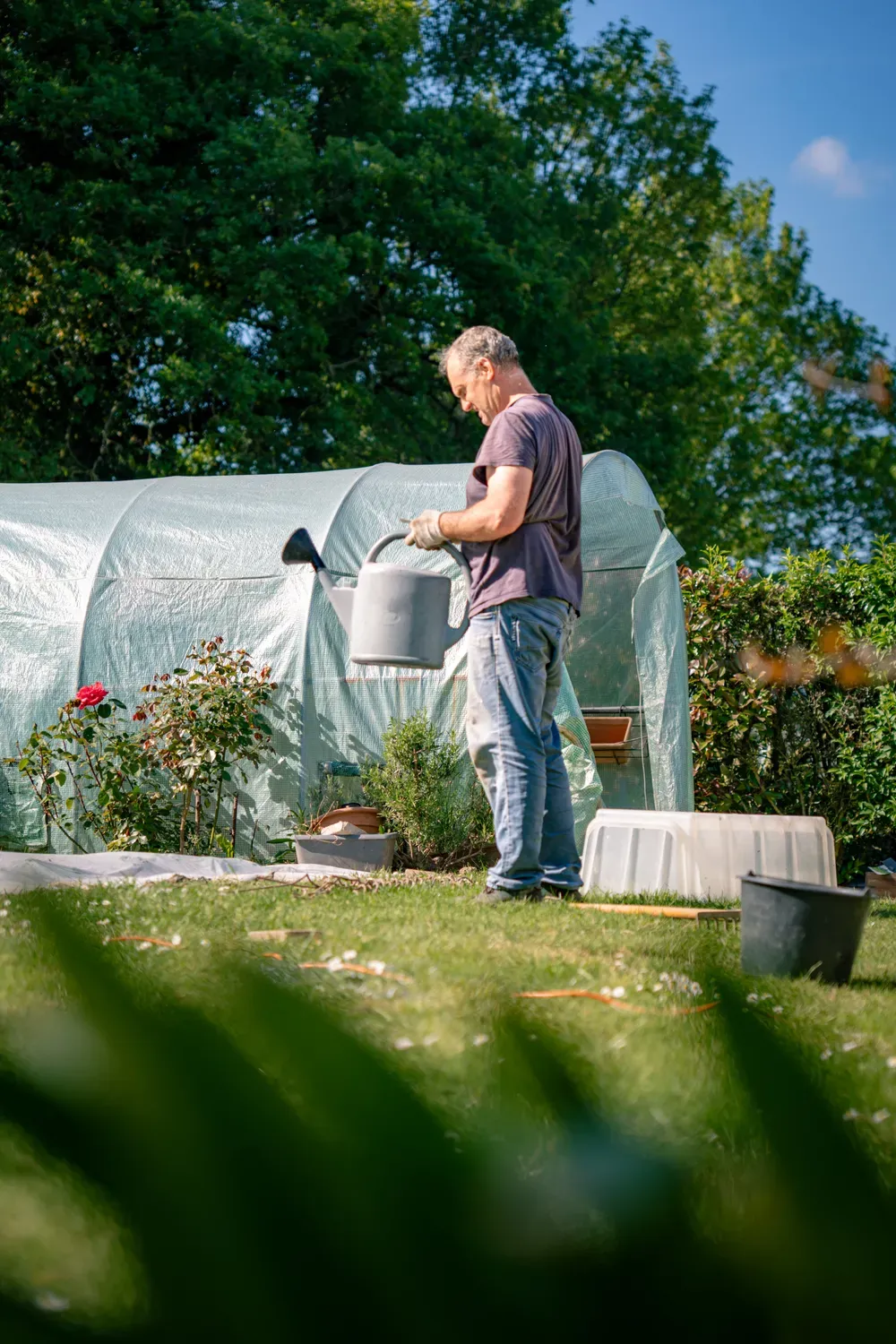 Photographie d un homme qui arrose un jardin pres d une serre.