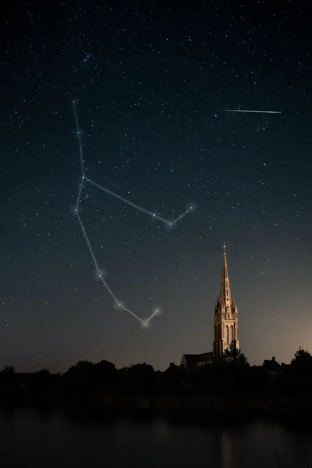 Clocher sous le ciel des Perséides avec la constellation de Persée