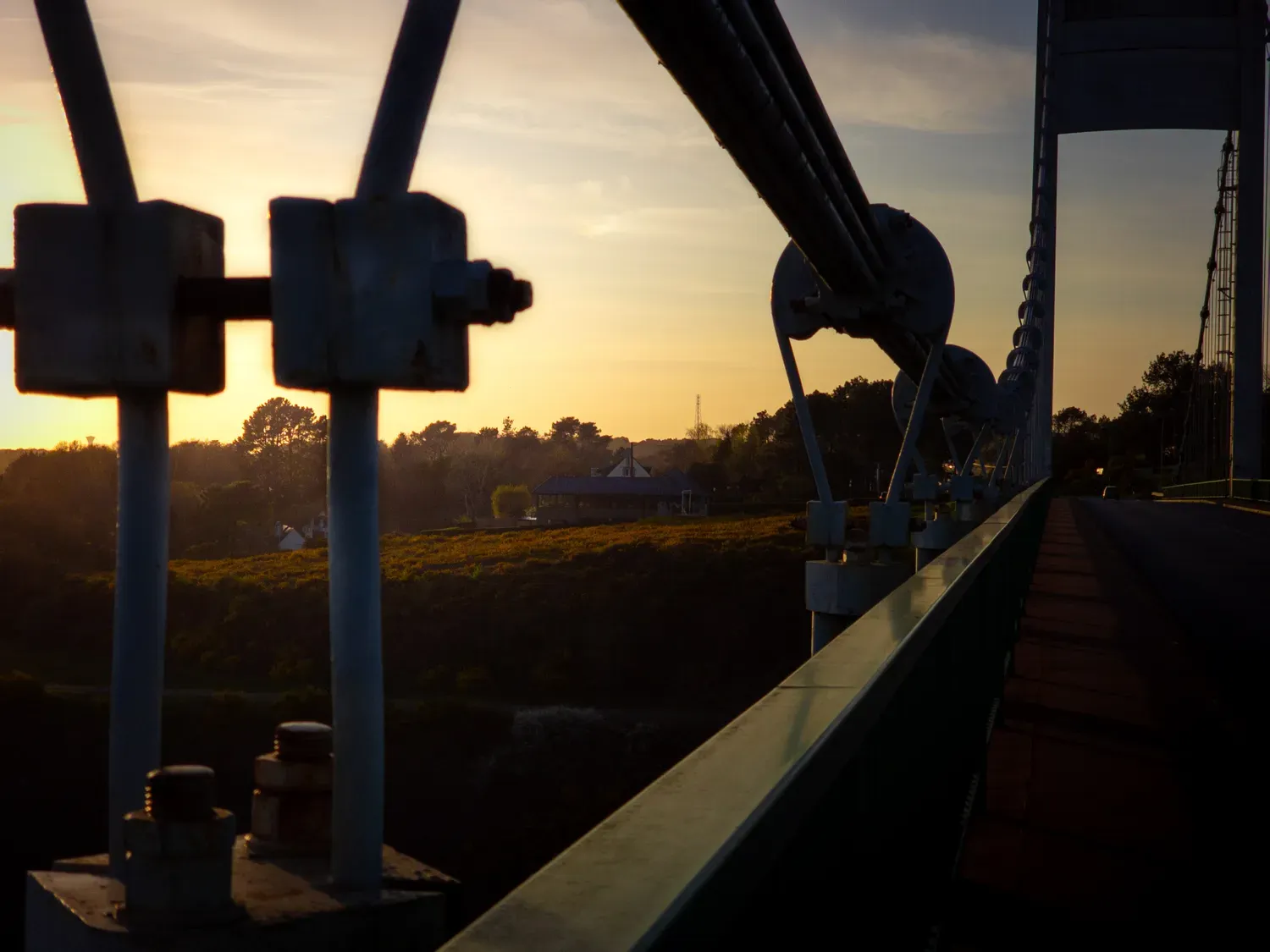 Photographie de câbles du pont au soleil couchant.