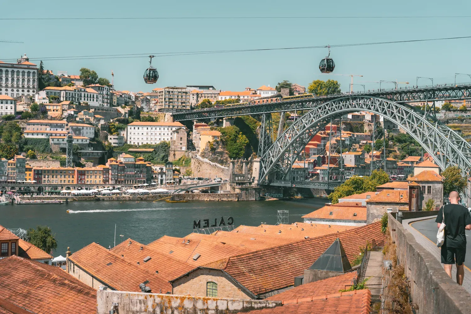 Photographie du telepherique de Porto passant au-dessus des toits et du pont Dom Luis.
