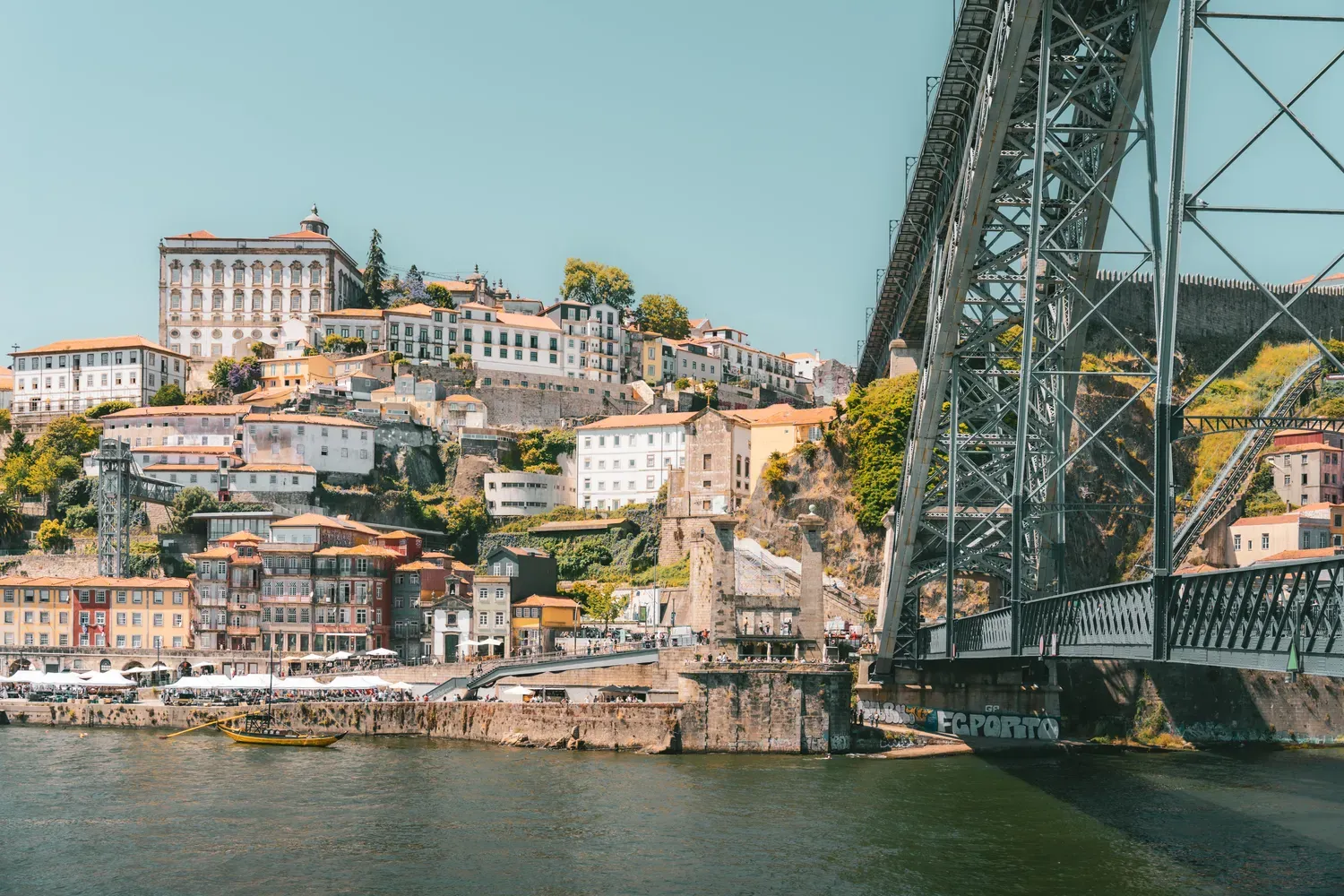 Photographie des quais de Porto sous la structure metallique du pont Dom Luis.