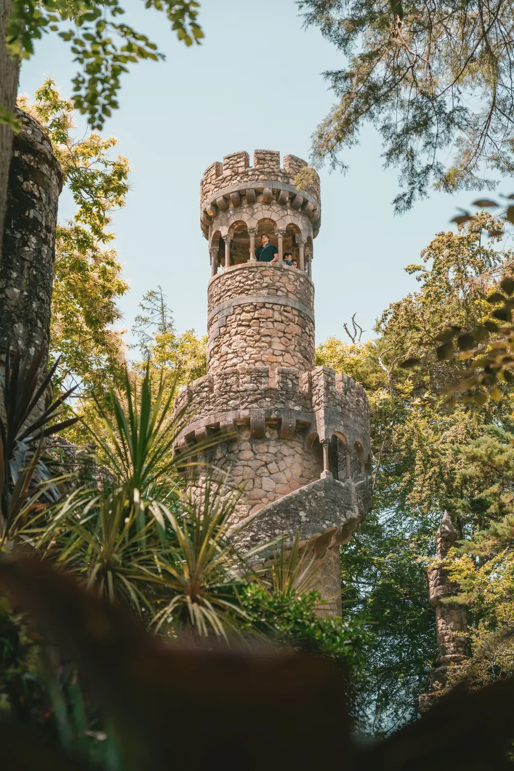 Photographie d une tour de pierre entouree par la vegetation a Sintra.